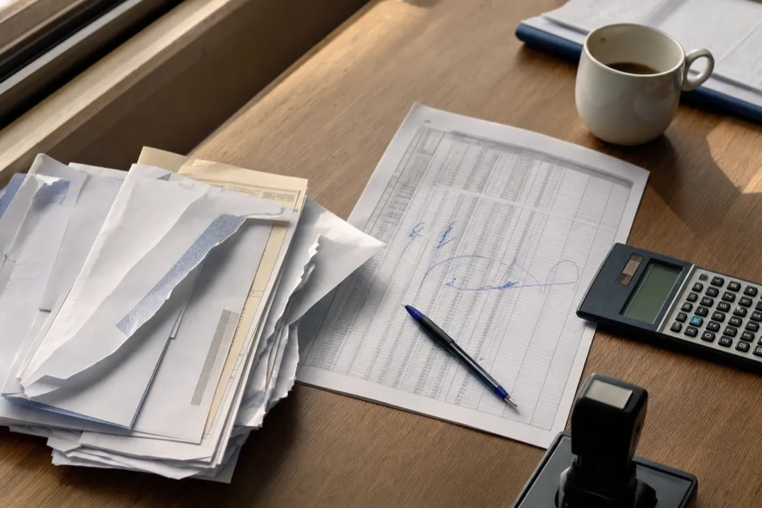 Pilha de envelopes de notificação de infração abertos sobre a mesa, ao lado de uma planilha impressa cheia de anotações