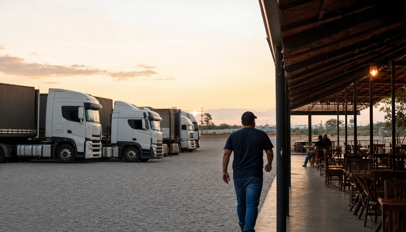 Pátio de ponto de parada à beira da rodovia ao entardecer, com caminhões estacionados e motorista indo à área de descanso
